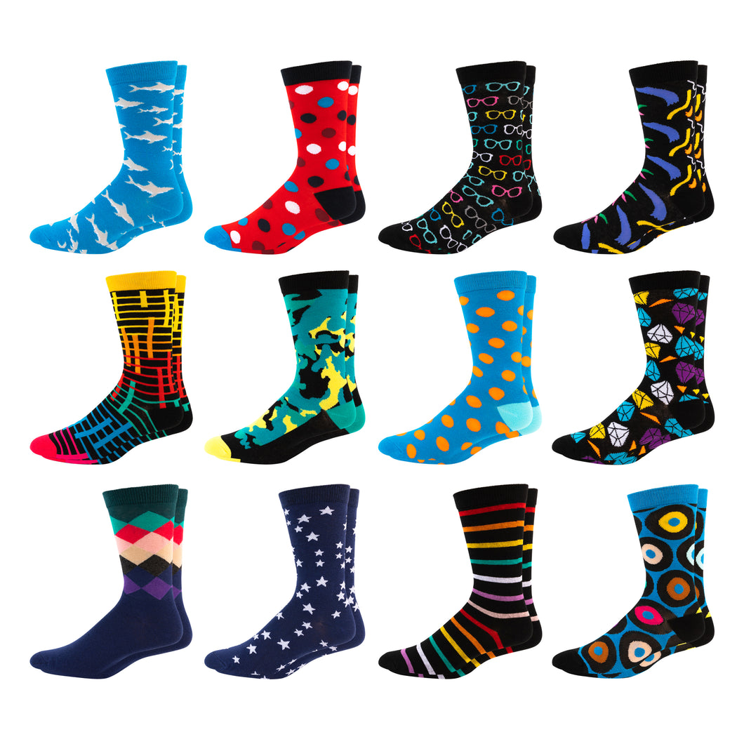 AMAZE 12-Pack by Mitch Bogen: Patterned Funky Crew Socks for Men