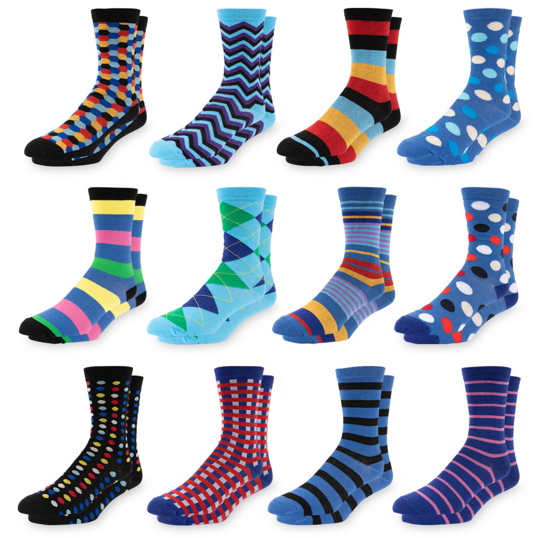 ENCHANT 12-Pack by Mitch Bogen: Patterned Funky Crew Socks for Men