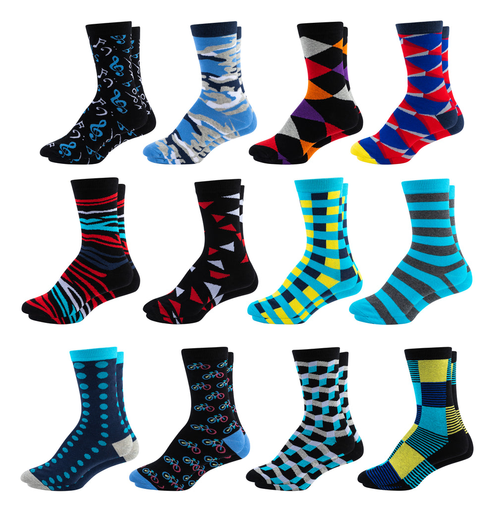 EXCITE 12-Pack by Mitch Bogen: Patterned Funky Crew Socks for Men